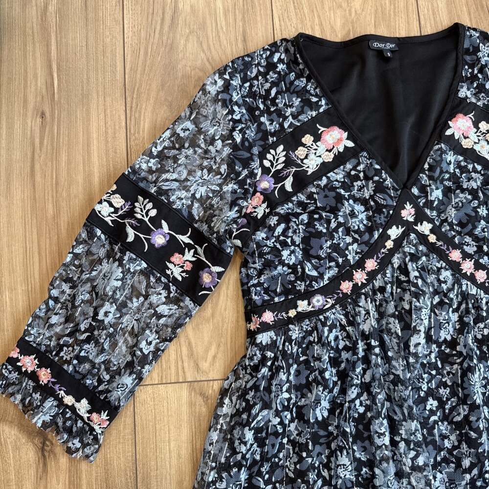 Dor Dor Couture Lace Floral Embroidered Boho Dress Women's Size S Black Lined - Picture 3 of 9